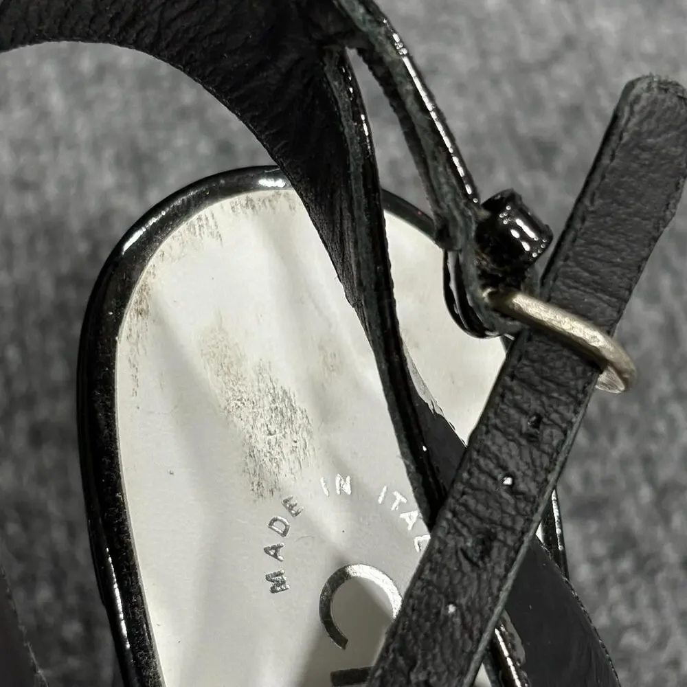 Chanel Sandals Womens 6 36 Black Patent Camellia Flower Logo Italy Heel Strappy